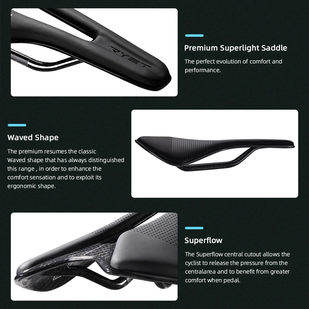 RYET Bike Saddle Full Carbon SuperLight Racing Mountain Rails Superflow Road Bicycle Seat Cushion Carbon Saddle Bike 250*145mm